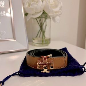 Tory Burch Kira 1" Reversible Leather Belt w/ Gold Logo Buckle